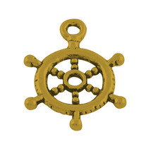 10 Ship Wheel Charms Antiqued Gold Nautical Helm Pendants Ocean Jewelry Supplies - $3.10