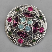 Vtg Tutti Frutti Brooch Pin Silver Tone Pink Purple Green Blue Rhineston... - $19.99