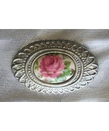 Vintage Etain Pewter Victorian Style Porcelain Rose Brooch - £11.35 GBP