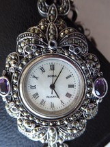 Vintage Sterling 1980&#39;s Marcasite Bracelet Watch -Amethyst, Mother of Pearl - $159.00