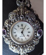 Vintage Sterling 1980's Marcasite Bracelet Watch -Amethyst, Mother of Pearl - £126.70 GBP