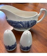 Vtg Courier &amp; Ives Early Winter Blue White Ceramic Gravy Boat Salt Peppe... - $734.88 MXN