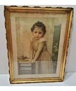 VINTAGE &quot;YVONNE&quot; by W. BOVGVEREAV 1896 Framed Girl w/Cherries Early Print  - £96.03 GBP