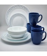 ♻️ Corelle Normandy 16-Pc Dinnerware Set White Frost White Bowls And Blu... - $158.39