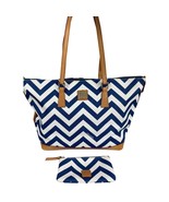 Dooney & Bourke Navy Chevron Tote w/ Pouch Canvas Leather Trim Excellent - $128.65