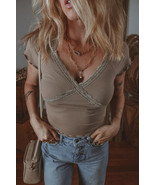 Dark Brown Lace Splicing Criss Cross Slim Fit V Neck T Shirt - $10.16
