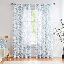 Blue White Sheer Curtains 84” Long Living Room Leaf Printed Linen Textured Semi - £28.89 GBP