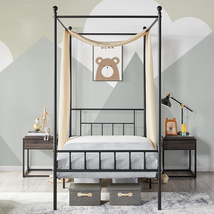 Canopy Bed Frame Four-Poster Canopied Headboard Footboard Sturdy Twin Size/Black - £147.61 GBP