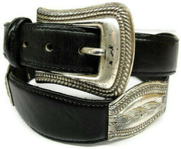 sz M Fossil Black Western Leather Belt Matching Buckle Conchos Silver Tone Weave - $34.64