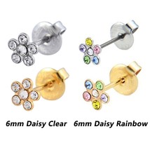 Ear Piercing Stud Tiny Tips Rainbow Crystal 6mm Daisy Stainless Steel Childrens  - $21.45