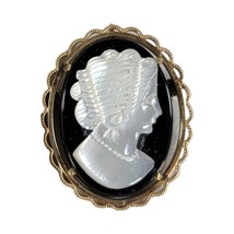 VINTAGE STERLING SILVER BLACK ONYX STONE CARVED SHELL CAMEO Brooch Pin - £12.13 GBP