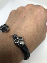Silver Stainless Steel Gothic Black Leather Skull Bracelet Cuff - £66.10 GBP