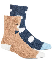 Womens Super Soft Fuzzy Socks Brown Bear &amp; Blue Dot 2 Pack JENNI $14 - NWT - £4.23 GBP