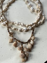 Lot of Cream &amp; Tan Long Seashell Bead &amp; Cord w Pointed Seashells &amp; Tiny Wood Bea - £9.02 GBP