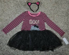 Halloween Dress &amp; Headband Cat Long Sleeve Striped Tutu Black Pink 2 pc ... - £15.64 GBP