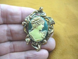 (CS36-25) Woman with hair band green + ivory CAMEO jewelry Pin Brooch Pendant - £23.29 GBP