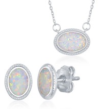 Sterling Silver White Inlay Opal Studded Border Oval Necklace &amp; Earrings... - £56.45 GBP
