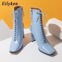  2022 new design soft leather square high heels women ankle boots fashion cross lace up thumb200