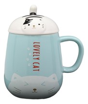 Lovely Cat Paw Prints With Lid And Tail Spoon Blue Ceramic Coffee Tea Mug Cup - £15.22 GBP