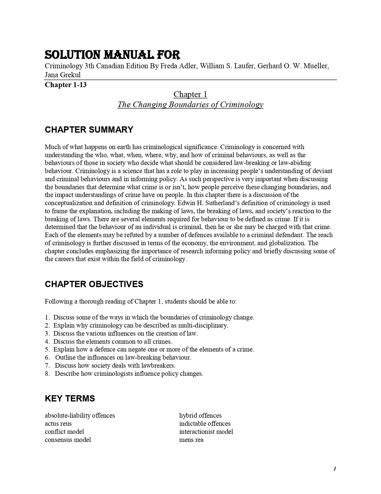 Solution Manual For Criminology 3rd Canadian Edition By Freda Adler, Wil... - $17.20