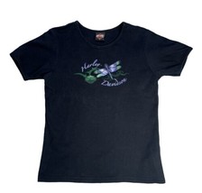 Harley Davidson Womens Black XL Short Sleeve T Shirt Glitter Dragonfly T... - £15.75 GBP