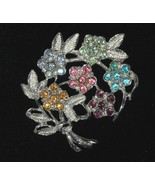 Vintage Pin Brooch Floral Bouquet Multicolor Rhinestones Rhodium Plate B... - €10,58 EUR