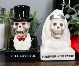 Wedding White Gown Bride And Black Tuxedo Groom Skulls Salt Pepper Shake... - $16.99
