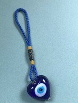 Estate Cobalt Blue Puffy Fused Art Glass Heart w Eye &amp; Blue Braided Cord Backpac - £8.99 GBP