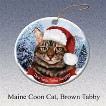 Holiday Maine Coon Cat, Brown Tabby Santa Hat Cat Porcelain Christmas Ornament - £24.38 GBP
