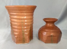 Lot (2) Glazed Terra Cotta/Gold Small Pottery Vases (signed Mackay?) - £15.25 GBP