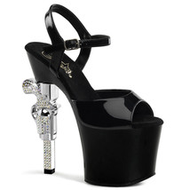 PLEASER 7&quot; R/S Embellished Gun Heel   Women&#39;s Black Platform Ankle Strap Sandal - £62.12 GBP