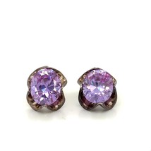 Vintage Sign Sterling Prong Oval Purple Crystal Modernist Pierced Earrings - £35.61 GBP