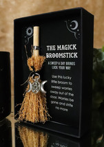 Wicca Witch Broom Magick Broomstick W/ Pentagram Triple Moon Pendant Lucky Charm - £11.21 GBP