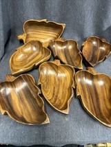 MCM Leaf Shape Wood Salad Or Fruit 7 Bowls Set Monkey Pod Tiki Hawaiian Luau - $31.68