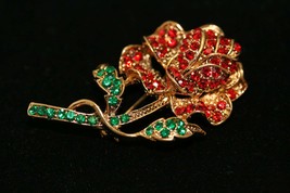 Vintage Ruby Garnet Olivine Rhinestone Rose Pin Brooch Valentine&#39;s Rose ... - $29.95