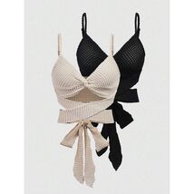 Set of Beige &amp; Black Chic Boho Vacation Beach Knit Crop Tops S(4) - €21,60 EUR