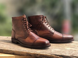 Handmade Men&#39;s Rusty Antique Brown Leather Cap Toe Lace Up Boots, Men Ankle Boot - £119.48 GBP