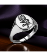Women’s Polished Silver Oval Signet Ring with Engraved Sunflower - $29.99