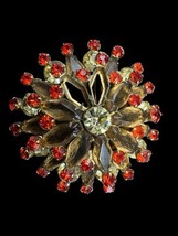 Vintage Brooch Pin Rhinestones Orange Metal Starburst Decor 3&quot; Round - $12.00