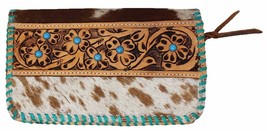 Women&#39;s Western Cowhide Turquoise Laced Floral Tooled Leather Wallet 18R... - $49.49