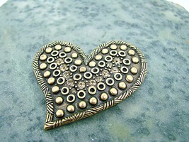 Chico's Rhinestone Studded Heart Brooch Pin Art Deco Signed AHA Gold Tone 2x2"  - $19.32