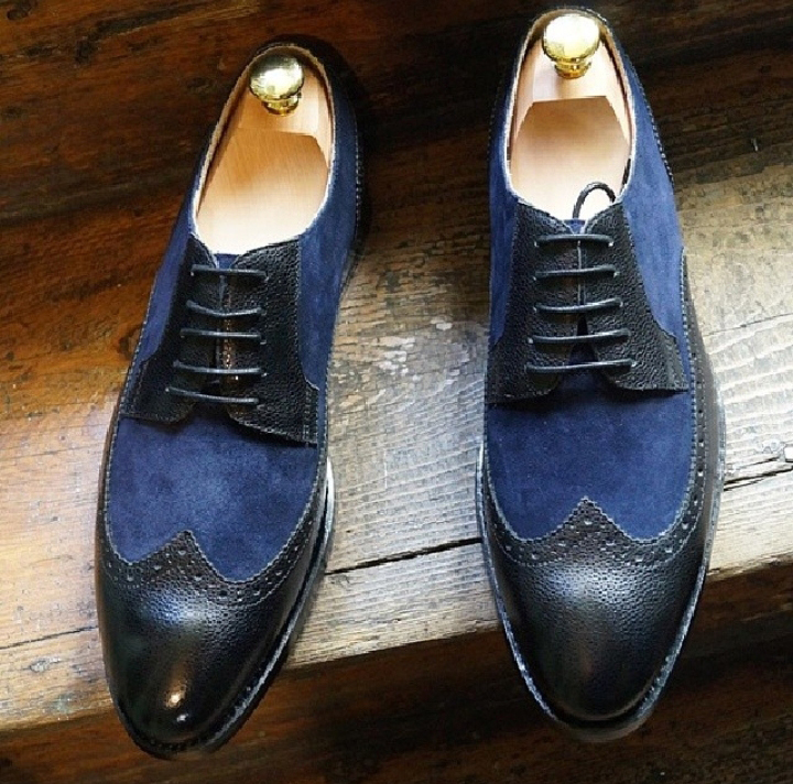 Men Two Tone Black Blue Suede Wing Tip Derby Genuine Leather Shoes US 7-16