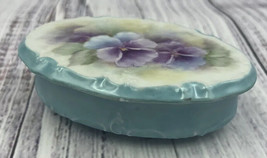 Vtg Victorian Hand Painted Porcelain Trinket Box Blue Purple Flowers Art... - $18.39