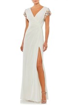 Mac Duggal 55709 Jeweled Sleeve Faux Wrap Gown SZ 12 White Multi Mrsp $498 - $236.56