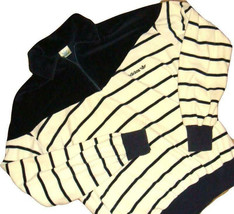 Adidas Vtg Trefoil 70&#39;s White Navy Blue Striped Velour 1/4 Zip Pullover Medium - £30.98 GBP