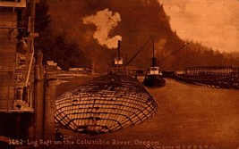 ANTIQUE SEPIA Postcard Log Raft on the Columbia River OREGON  BK64 - £5.47 GBP