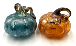 Blown Glass Art Pumpkin&#39;s ~ Orange and Teal with Curly Stems ~ Set of 2 - £63.92 GBP