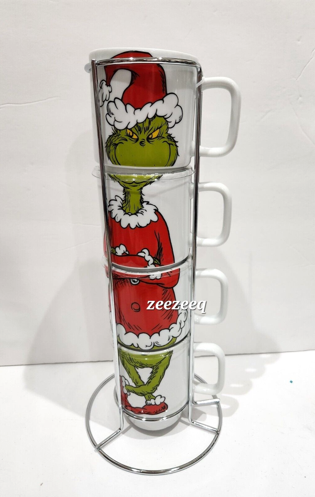 Dr Seuss The Grinch Christmas Mugs Set of 4 Stacking Stackable With Rack