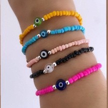 Evil eye beaded bracelets handmade rainbow multicoloured seed beads bracelet - £11.88 GBP