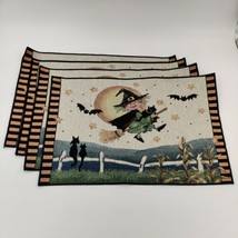 Set Of 4 Vintage Halloween Autumn Witch Black Cat Moon 19&quot;X12.5&quot; Placemats - £26.69 GBP